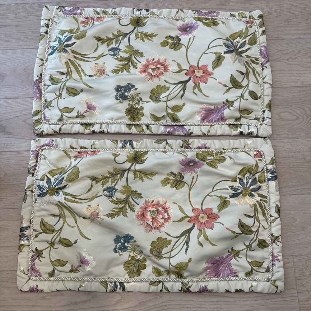 Croscill King Pillow‎ Shams Set 2 Floral Embroidered Sage Green Rope Trim 36x20